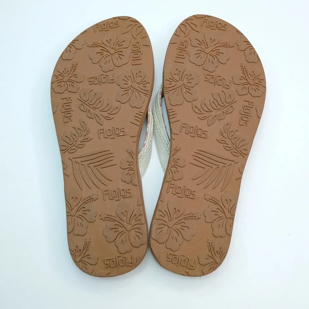 Flojos Fiesta Flip Flop Sandals Women Size 7 Tan Cream Woven Fabric Lining